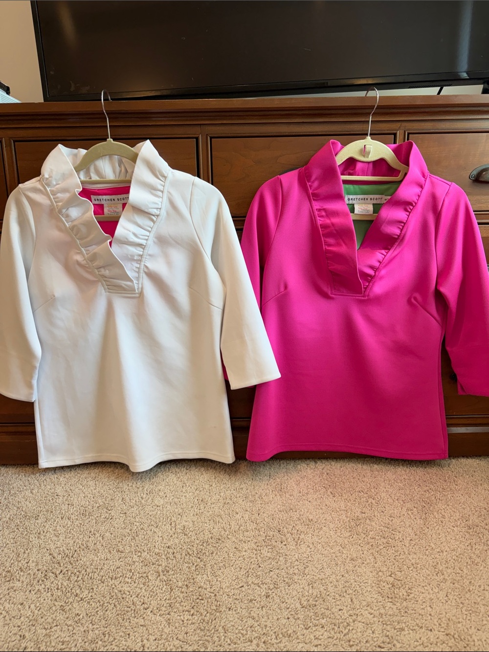 Gretchen Scott Designs Ruffle V-Neck Top in White and Hot Pink